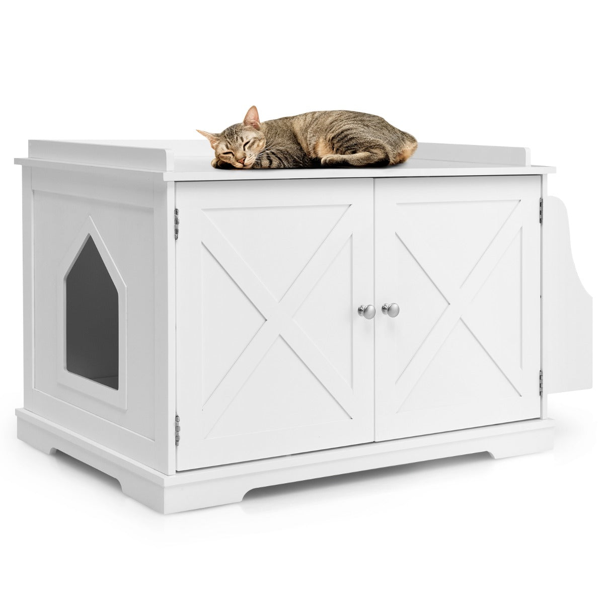 Wooden Cat Litter Box Hidden Washroom Toilet with 2 Doors-White