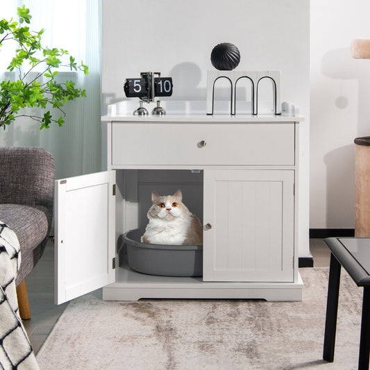 Large Wooden Cat Litter Box Hidden Washroom Toilet with Drawer-White