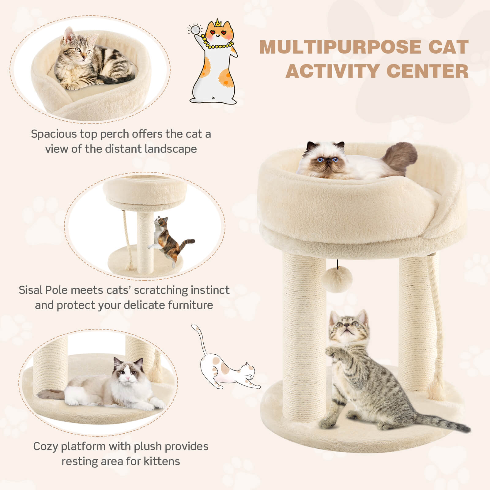 Cat Tree with Fur Ball and Sisal Rope-Beige