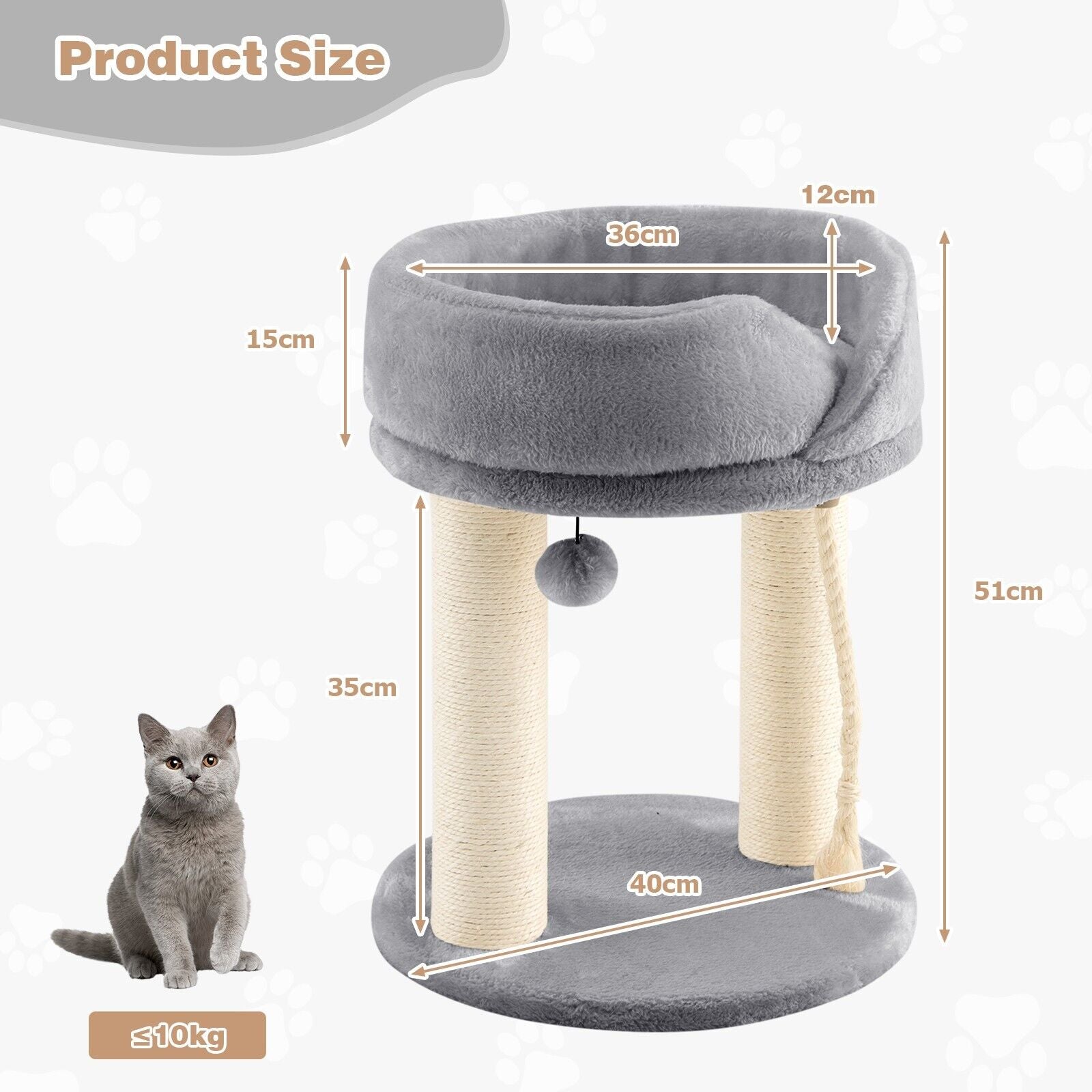 Cat Tree with Fur Ball and Sisal Rope-Grey