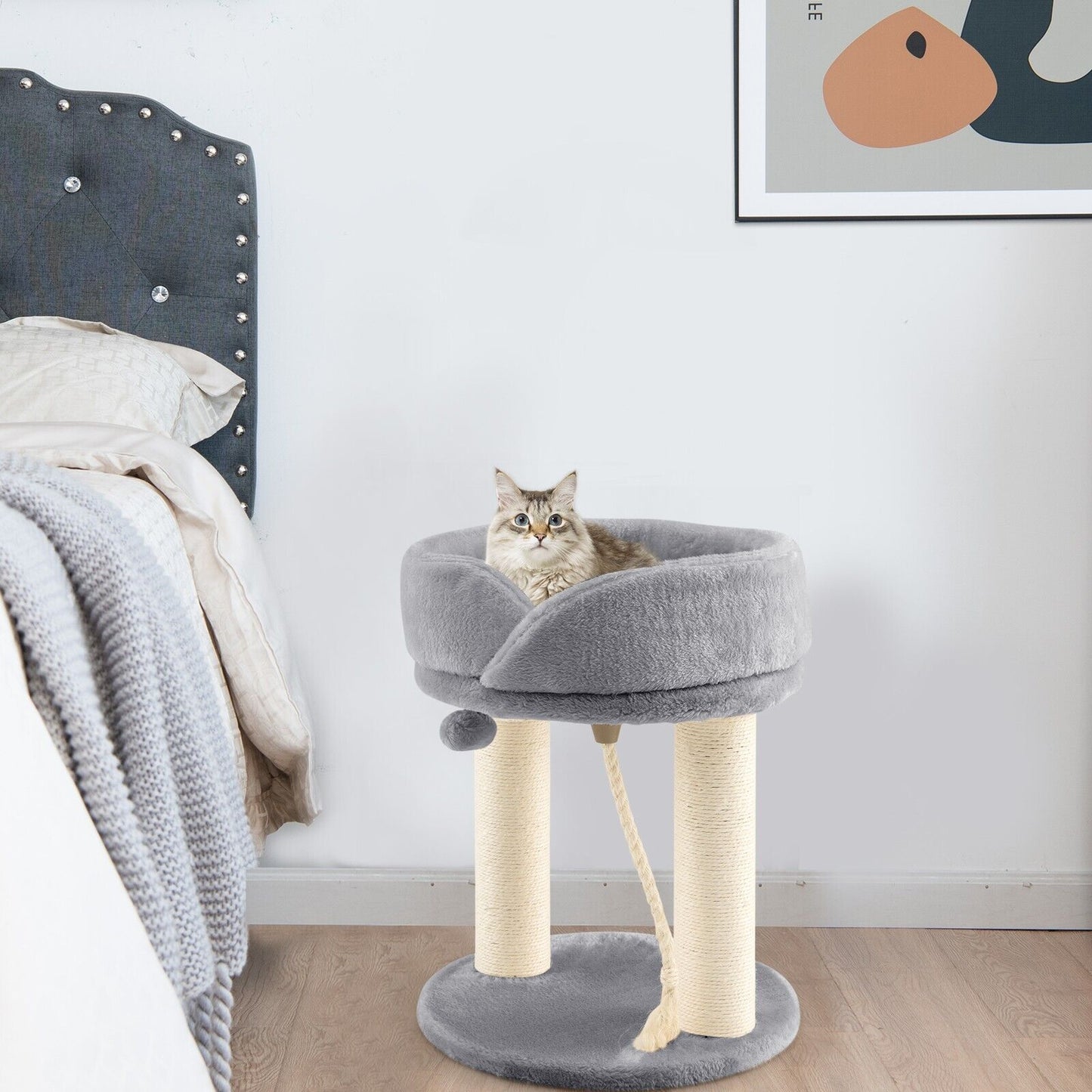 Cat Tree with Fur Ball and Sisal Rope-Grey