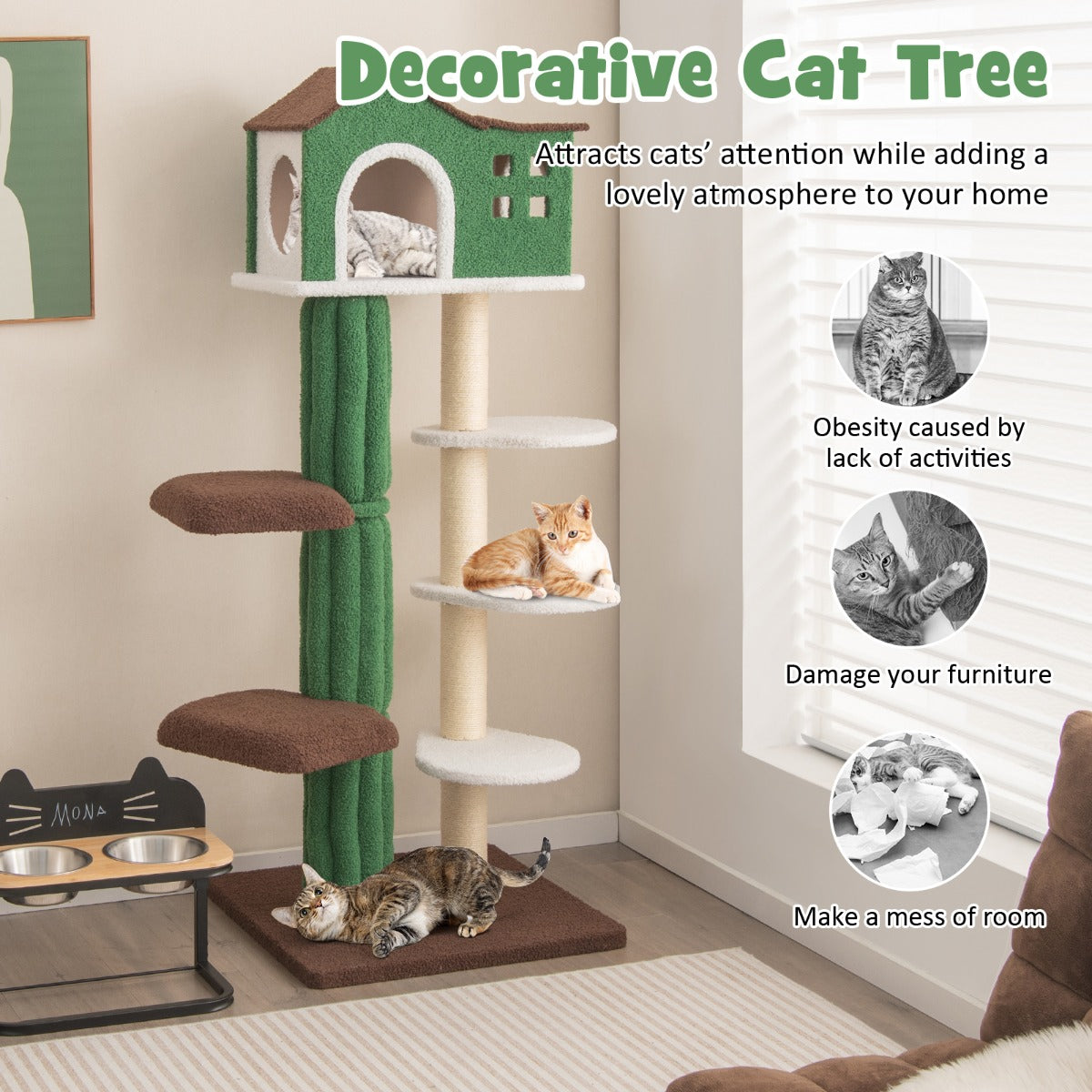 7-Tier Modern Cat Tree Tower with Sisal Scratching Posts-Green