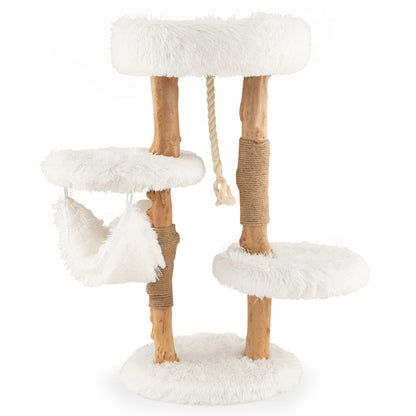 Solid Wood Cat Tower with Cozy Top Perch and 2 Platforms and 1 Hammock-White