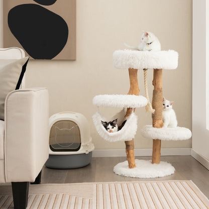 Solid Wood Cat Tower with Cozy Top Perch and 2 Platforms and 1 Hammock-White