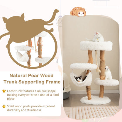 Solid Wood Cat Tower with Cozy Top Perch and 2 Platforms and 1 Hammock-White