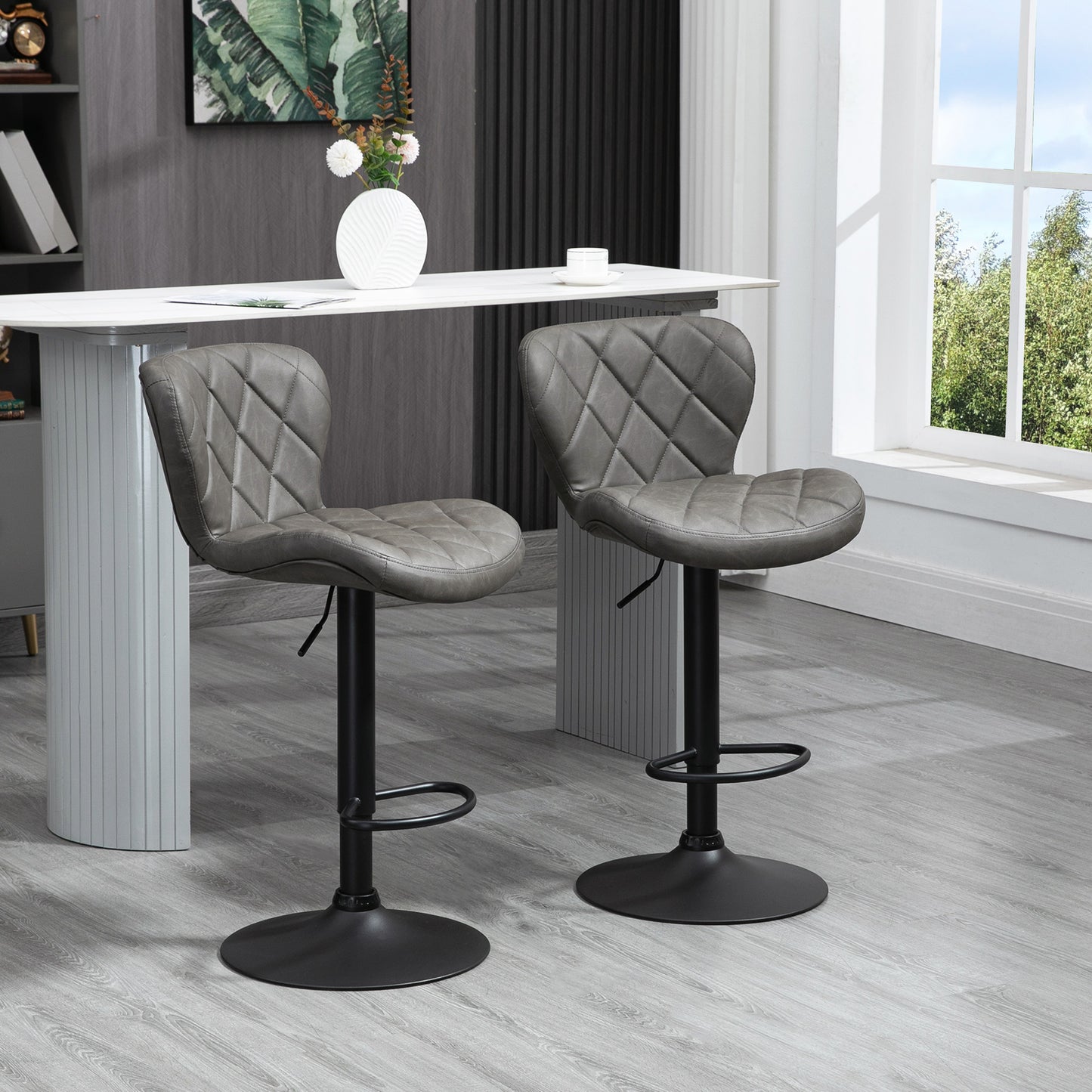 HOMCOM Adjustable Height Bar Stools Set of 2, Swivel Barstools with Backrest and Footrest, Steel Frame Diamond Pattern PU, Kitchen Dining, Dark Grey