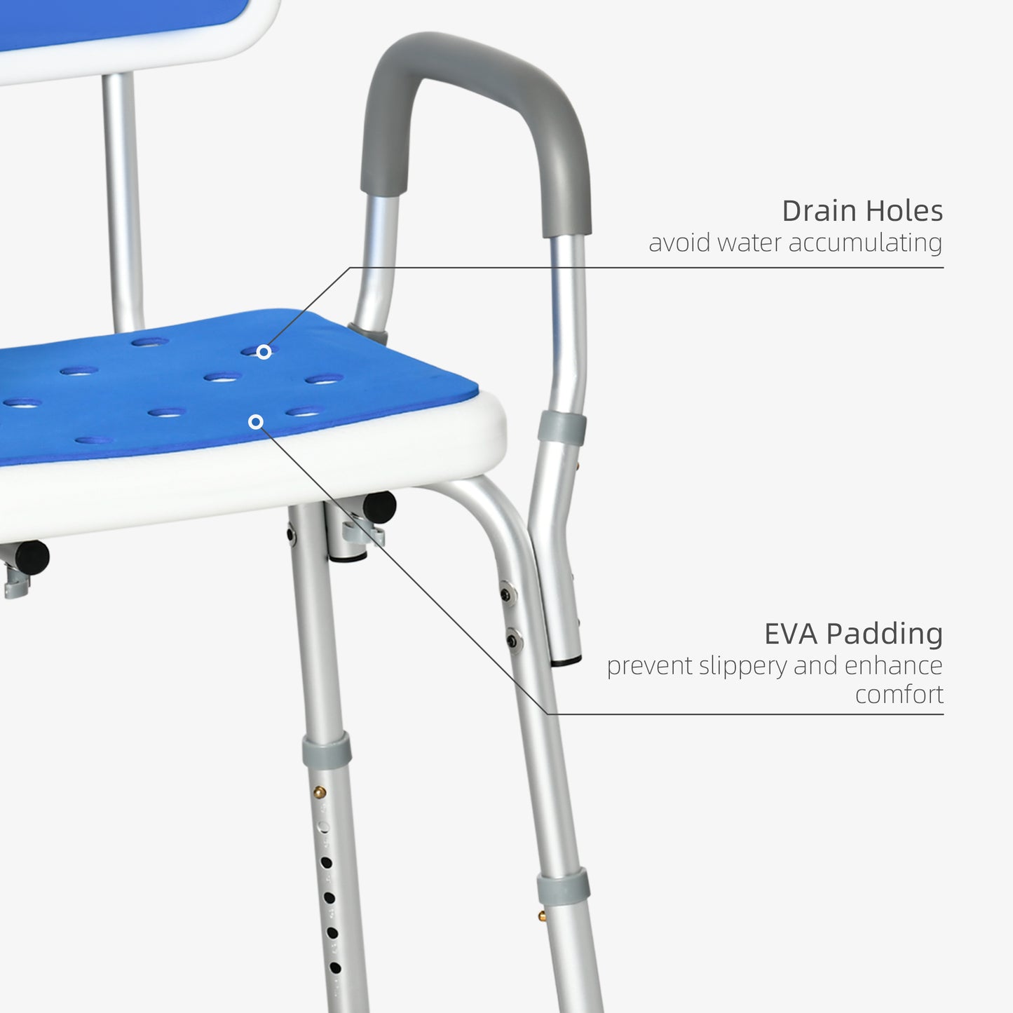 HOMCOM Shower Stools Shower Seat for Elderly and Disabled, EVA Padded, Height Adjustable with Back and Arms, 4 Suction Foot Pads, Blue