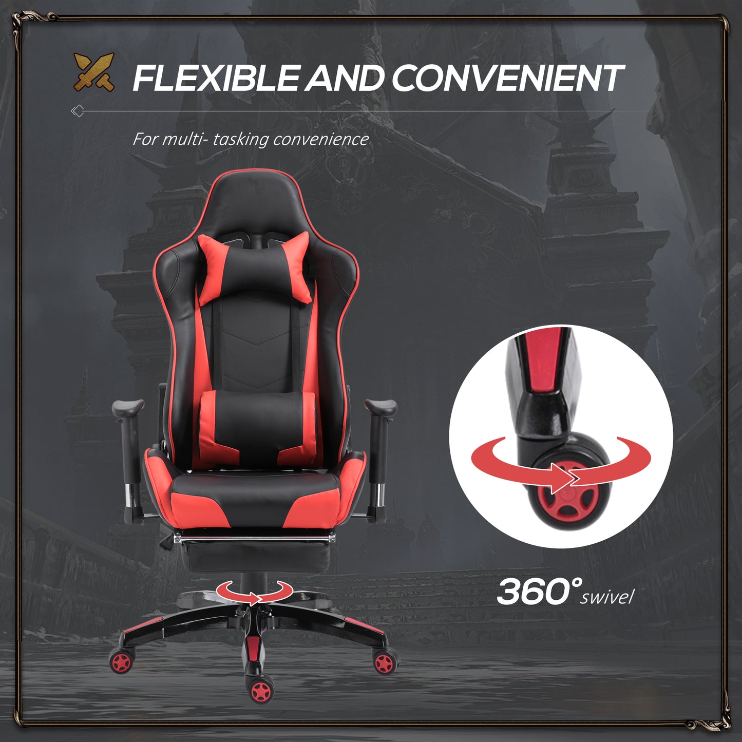 HOMCOM High-Back Gaming Chair Swivel Home Office Computer Racing Gamer Recliner Chair Faux Leather with Footrest, Wheels, Red Black