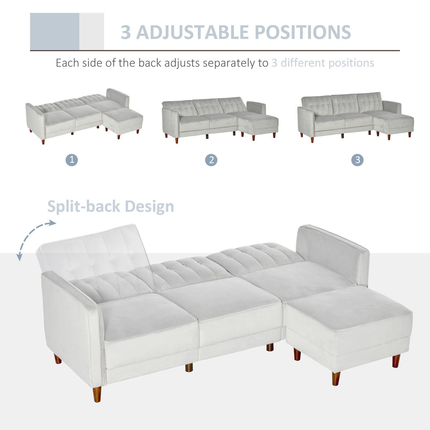 HOMCOM Corner Sofa Bed Reversible 3-Seater Sectional Sofa Set Velvet-Touch Sleeper Futon with Footstool, Light Grey