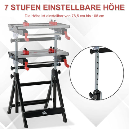 HOMCOM Foldable Work Bench Tool Stand with Adjustable Height and Clamps, Carpenter Saw Table, Heavy Duty Steel Frame, 100kg Capacity