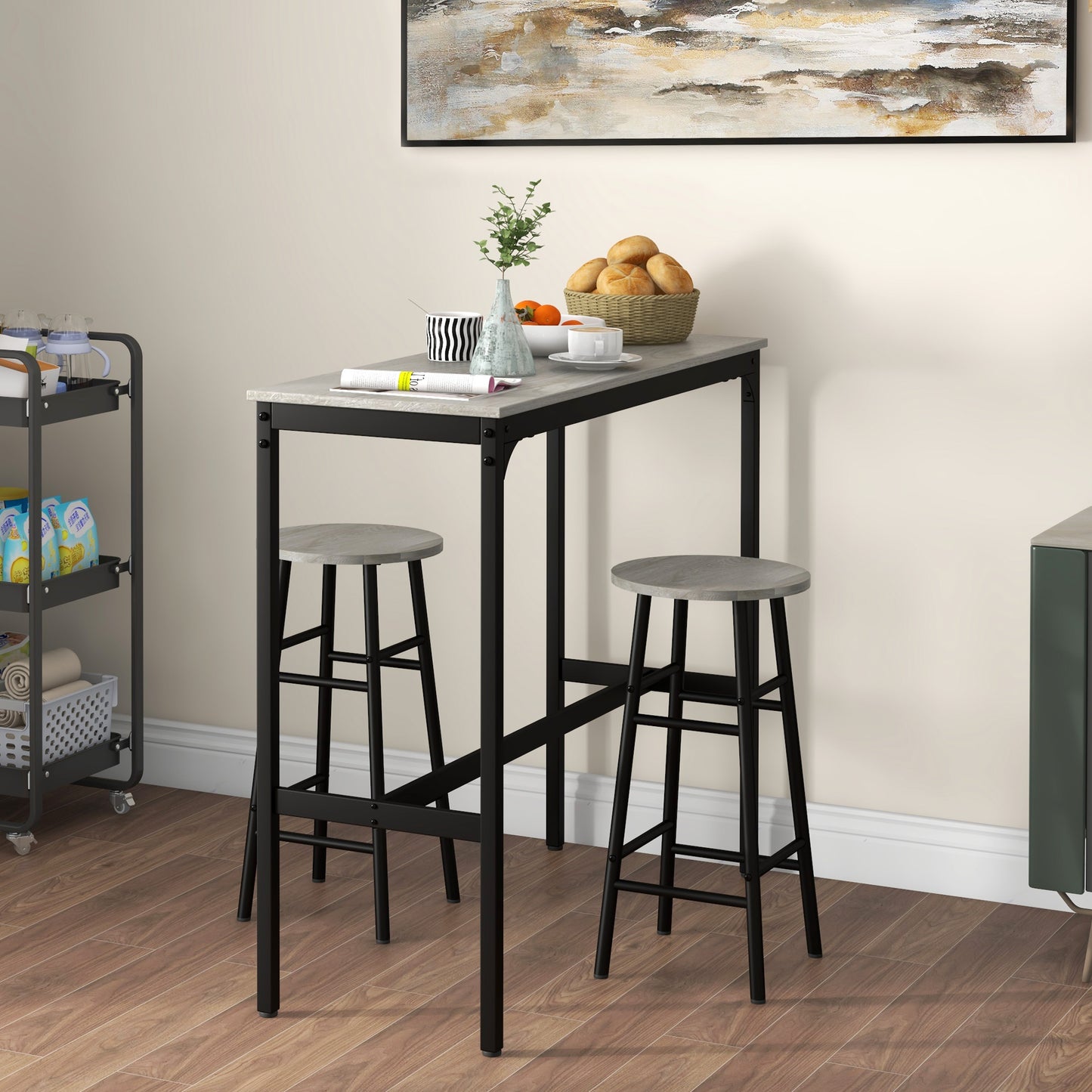 HOMCOM 3 Piece Bar Table Set with 2 Stools, Industrial Bar Table and Stool Set, Dining Table and Chair Set for Small Space, Grey