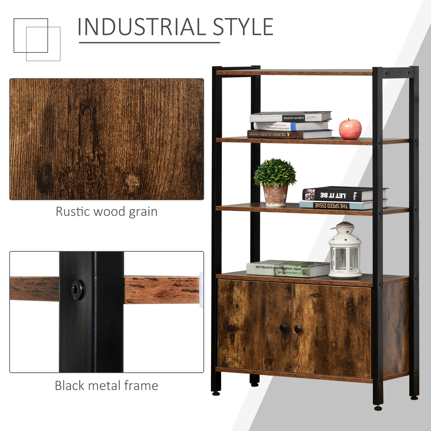 HOMCOM Industrial Bookshelf, Storage Cabinet with 3-Tier with Doors, for Home Office, Living Room Rustic Brown