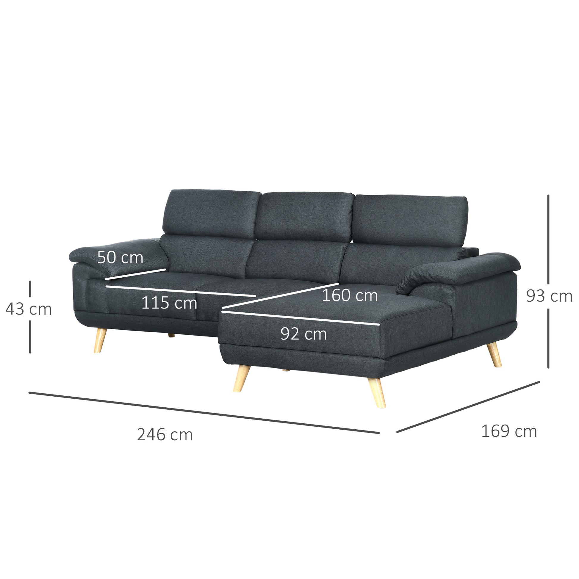 HOMCOM Corner Sofas for Living Room, Fabric L Shaped Sofa Settee with Adjustable Headrest, 3 Seater Couch, Dark Grey