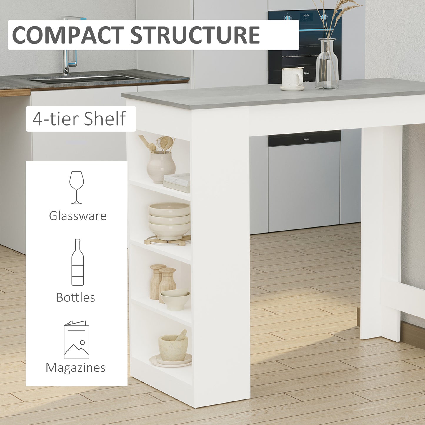 HOMCOM Bar Table Coffee Table Kitchen Dining Table with 4-Tier Storage Shelf for Kitchen, Dining Room, Living Room, Grey