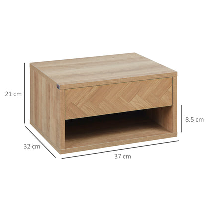 HOMCOM 2 Pieces Bedside Table Wall Mounted Nightstand with Drawer and Shelf for Bedroom, 37 x 32 x 21cm, Natural