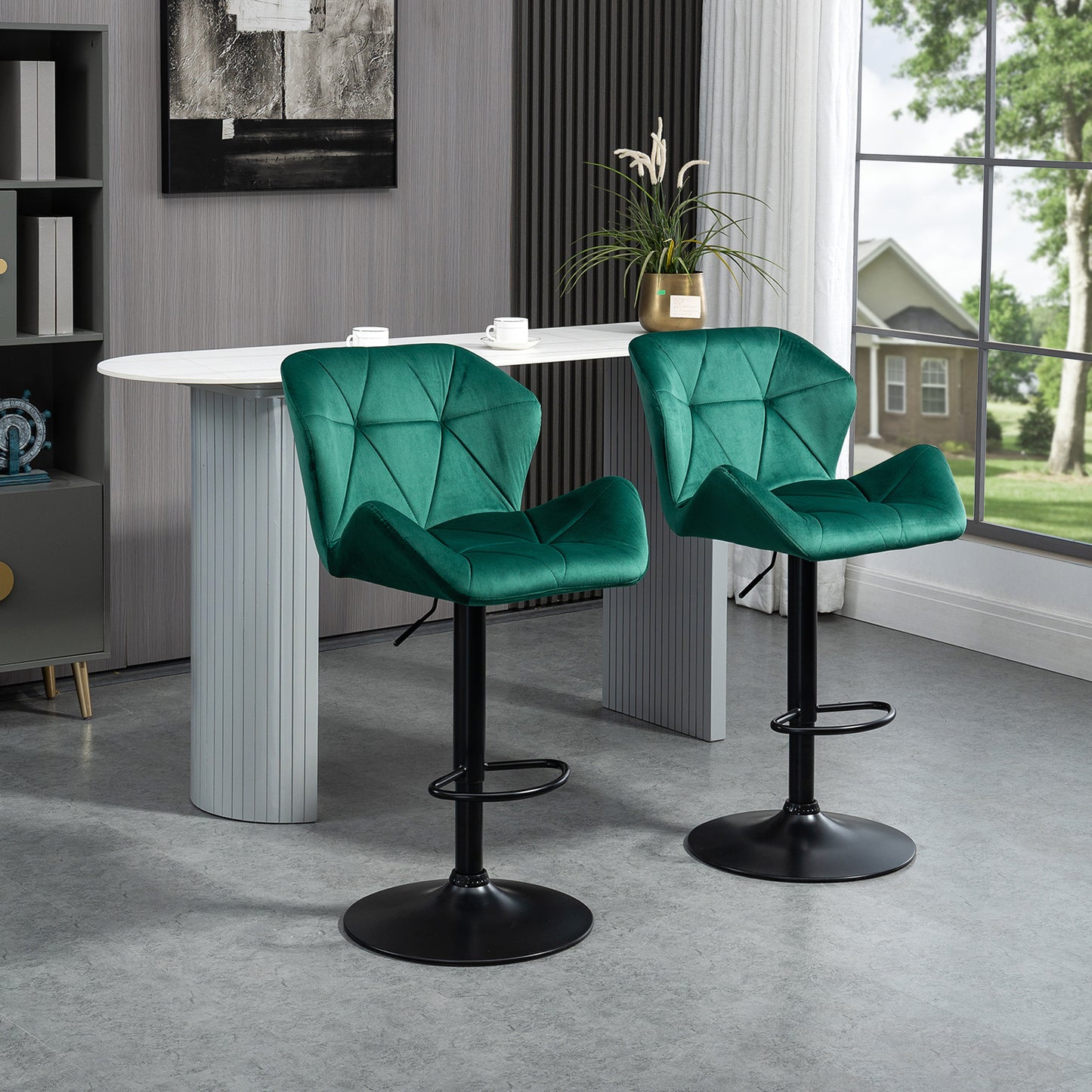 HOMCOM Bar Stools Set Of 2, Luxurious Velvet-Touch Barstools with Metal Frame Footrest Round Base Triangle Indenting Adjustable Height Swivel Green