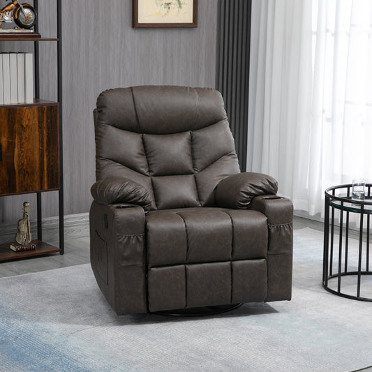 HOMCOM Manual Reclining Chair, Recliner Armchair with Faux Leather, Footrest, Cup Holders, 86x93x102cm, Brown