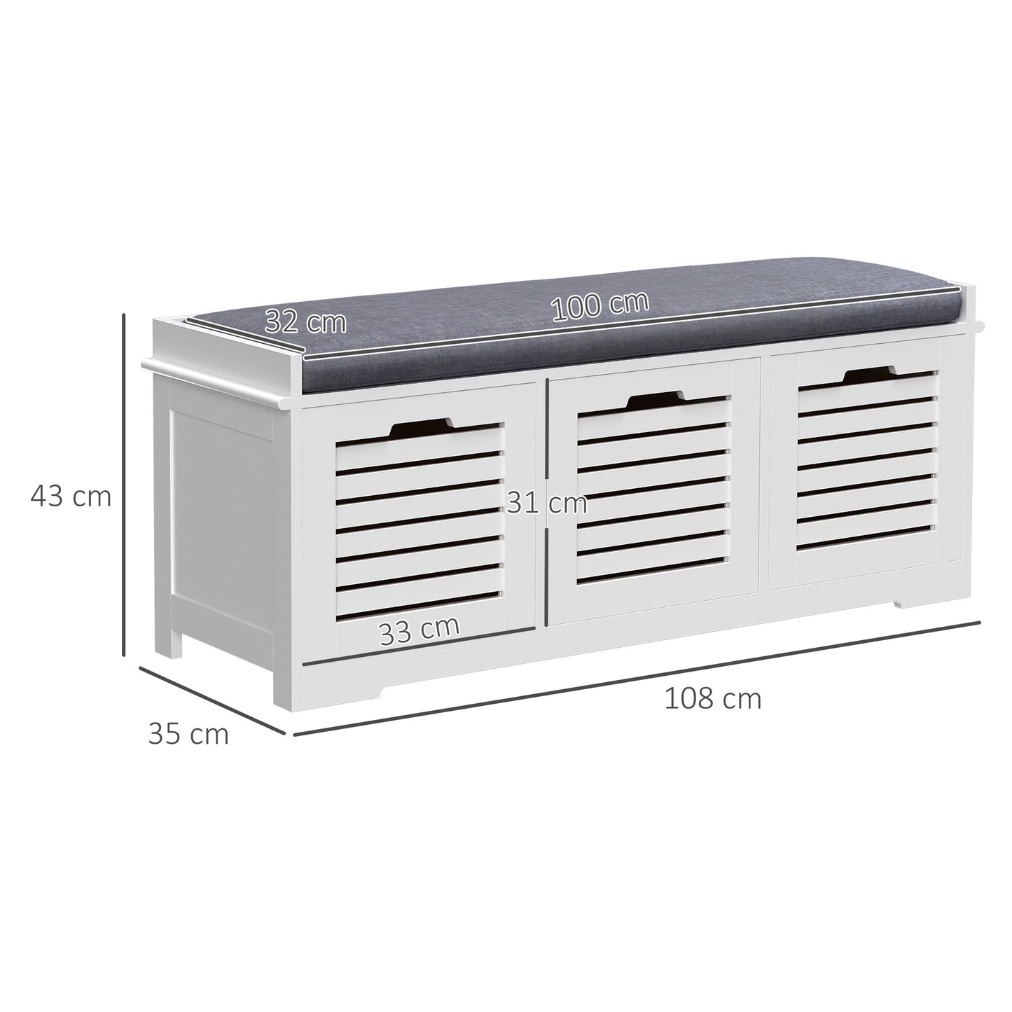 HOMCOM White Storage Bench with 3 Drawers & Removable Grey Seat Cushion Hallway Organisation furniture