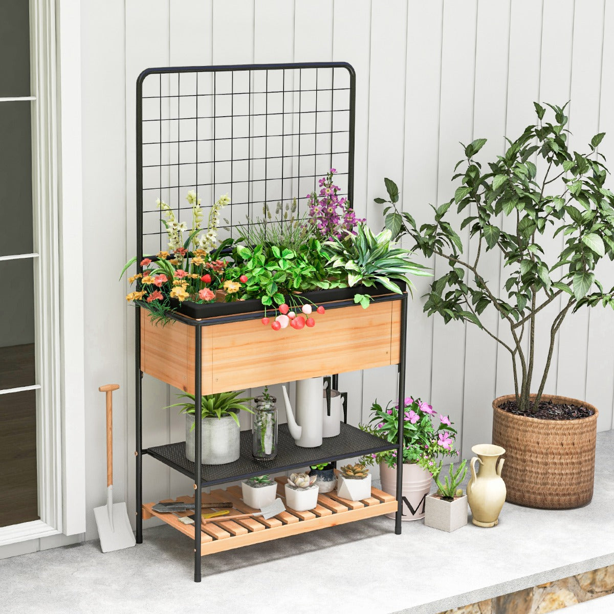 Raised Garden Bed with Trellis and 2-tier Storage Shelves-Natural