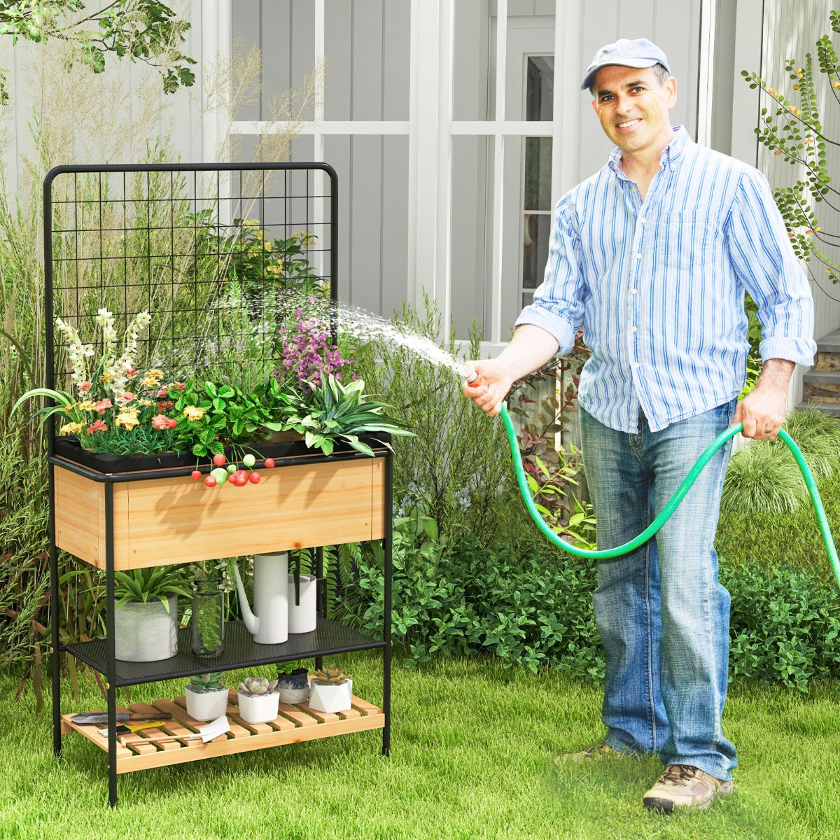 Raised Garden Bed with Trellis and 2-tier Storage Shelves-Natural