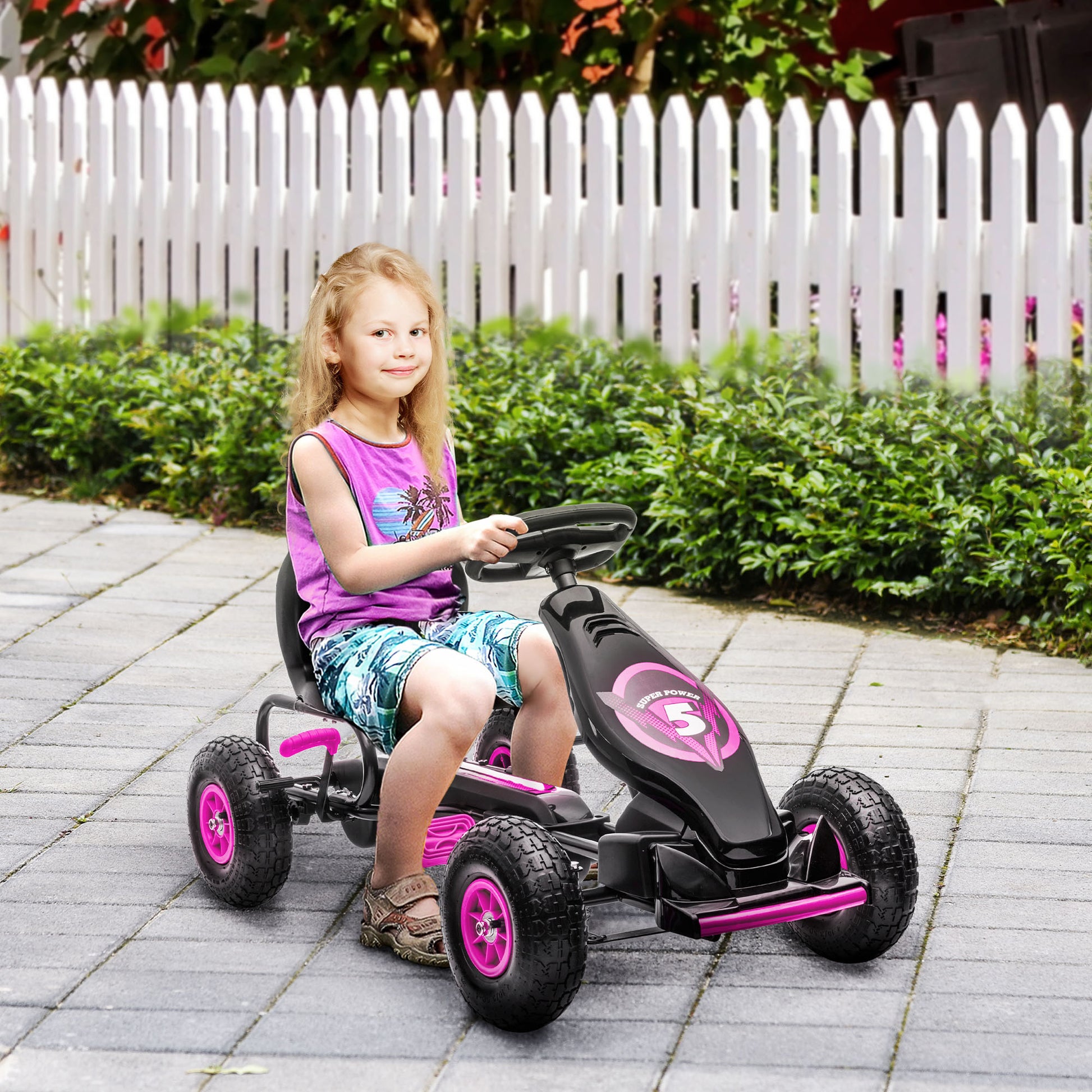 HOMCOM Children Pedal Go Kart, Racing Go Cart with Adjustable Seat, Inflatable Tyres, Shock Absorb, Handbrake, for Boys and Girls Ages 5-12, Pink