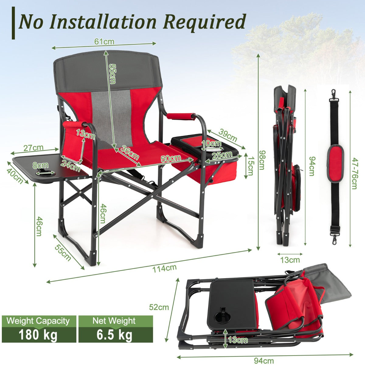 Folding Camping Chair with Side Table and Cooler Bag-Red