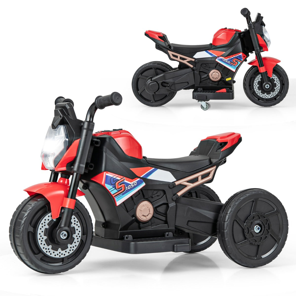 6V Kids Ride-on Motorcycle with 2-wheel/3-wheel Conversion &amp; Detachable Training Wheels-Red