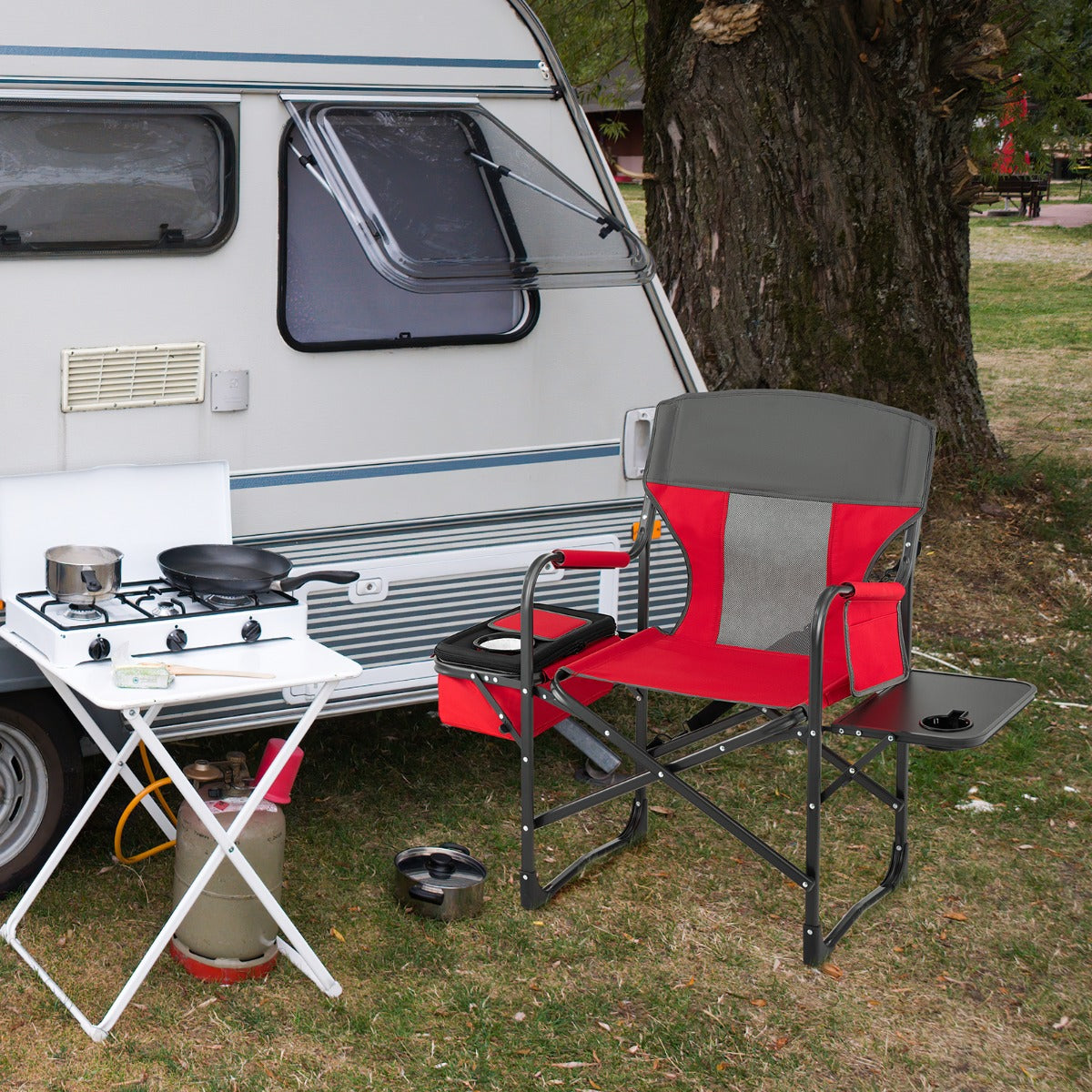 Folding Camping Chair with Side Table and Cooler Bag-Red