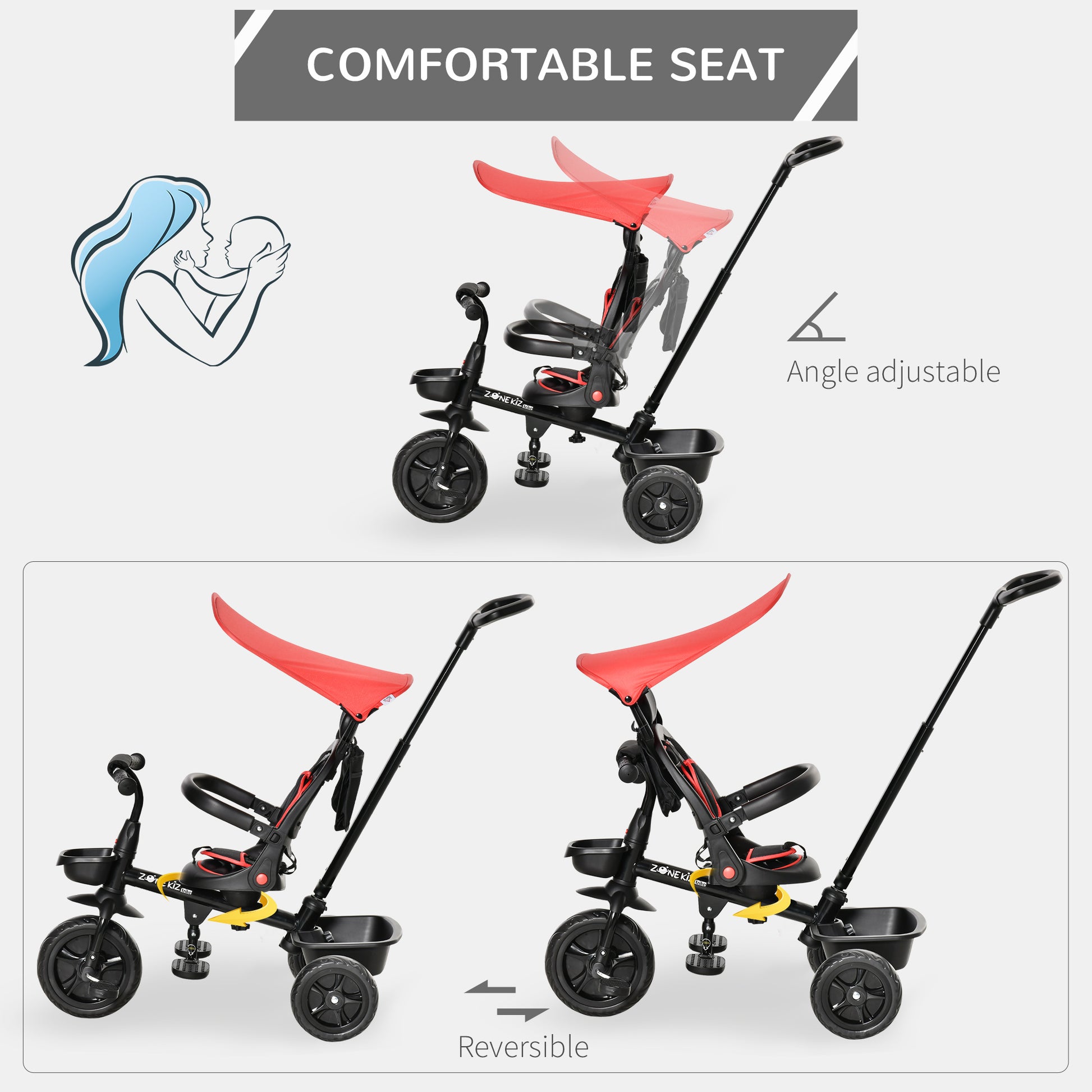 HOMCOM 4 in 1 Baby Tricycle Toddler Stroller Foldable Pedal Tricycle w/ Reversible Angle Adjustable Seat Removable Handle Canopy Handrail Belt-Red