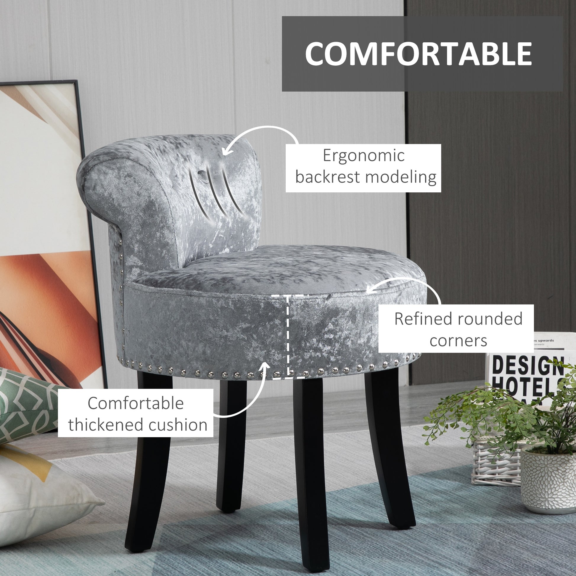 HOMCOM Dressing Table Stool with Rubber Wood Legs Ice Velvet Makeup Seat Dressing Chair for Living Room Dressing Room Bedroom, Grey