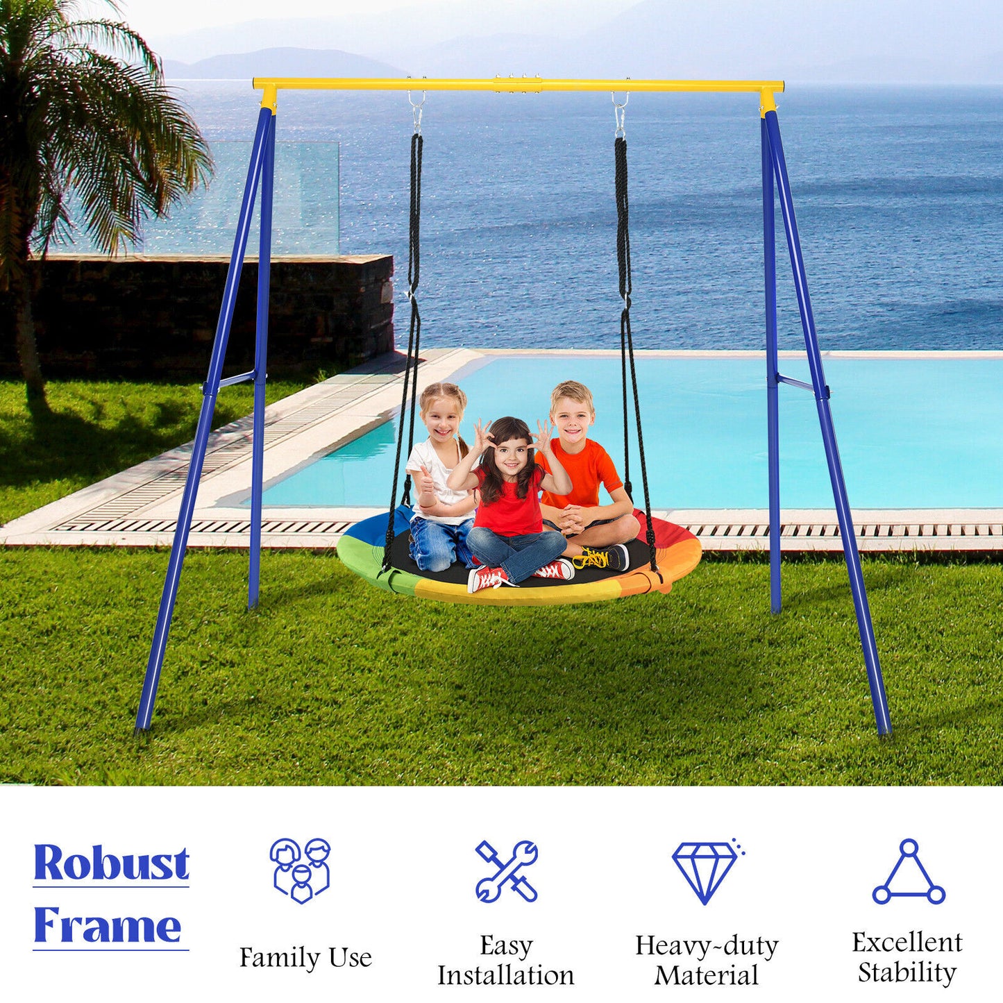 Saucer Swing Set with Metal Frame and Ground Nails for Garden Park-Blue &amp;amp; Yellow