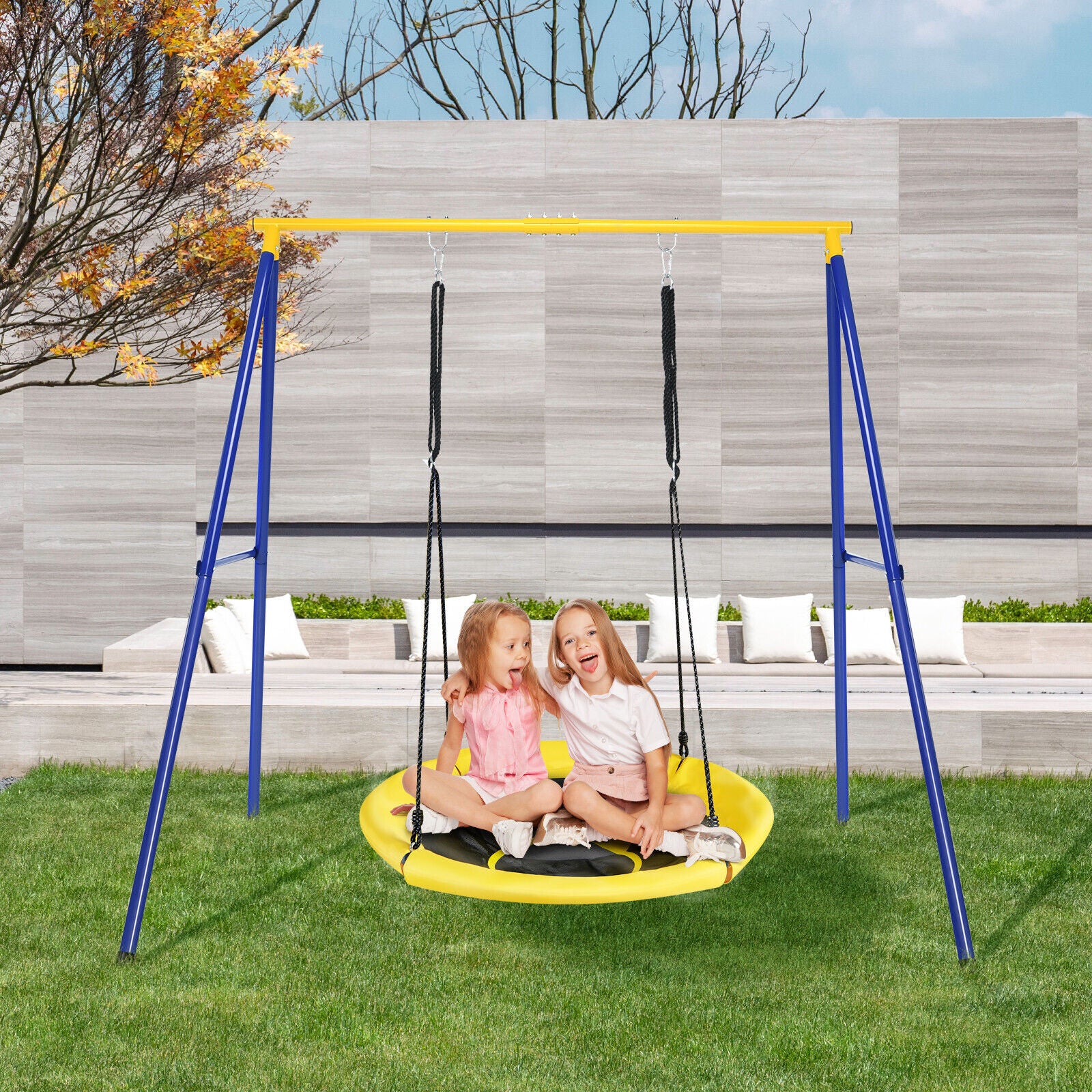 Saucer Swing Set with Metal Frame and Ground Nails for Garden Park-Blue &amp;amp; Yellow