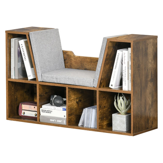 HOMCOM Bookcase Shelf Storage Seat with Cushion Sideboard Kids Children Reading Bedroom Living Room Organizer Rustic Brown