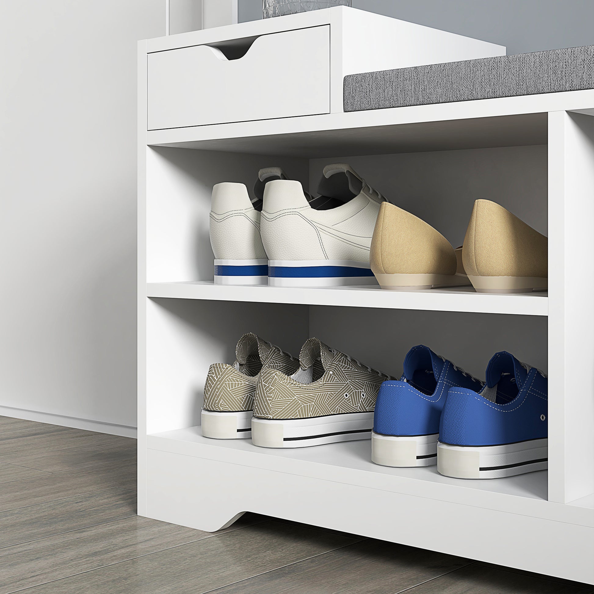 HOMCOM Shoe Storage with Seat, Upholstered Entryway Bench, Shoe Bench with Drawer and 3 Open Shelves for Hallway