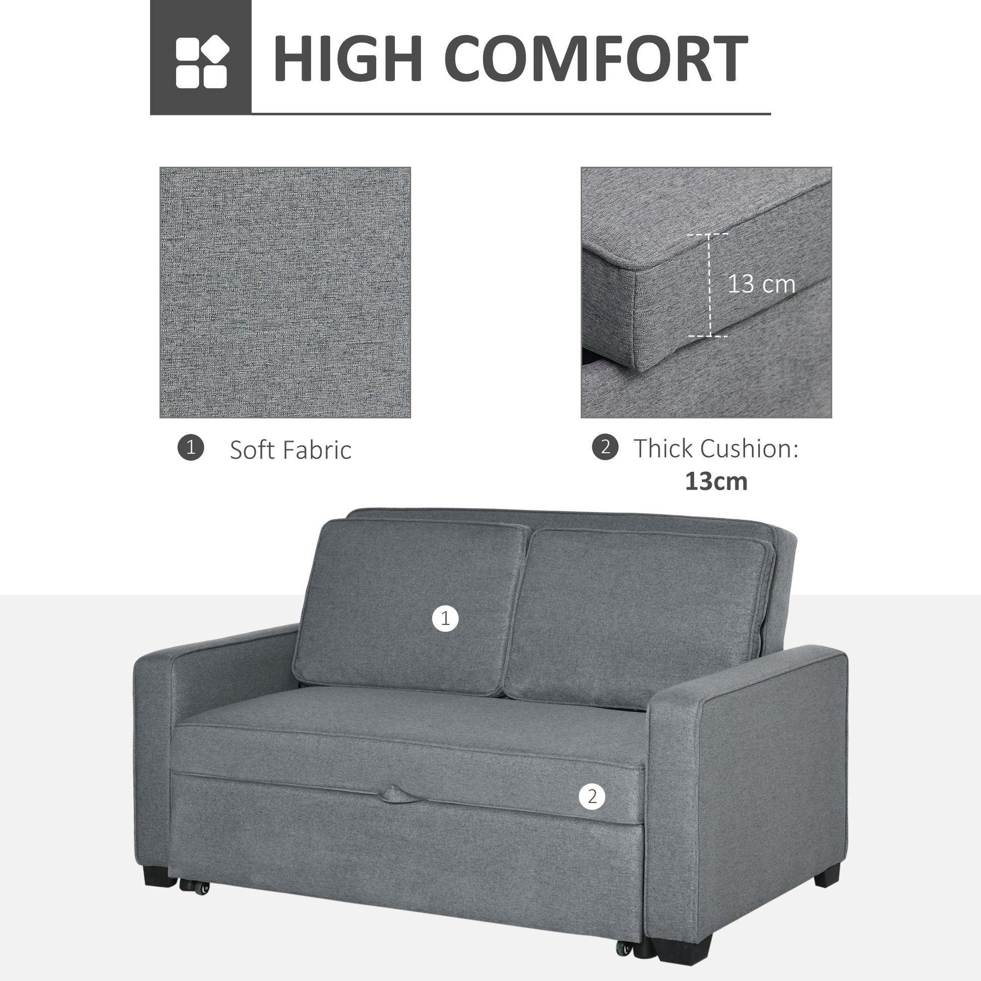 HOMCOM Double Sofa Bed Click Clack Sofa Bed Pull Out Bed with Adjustable Backrest for Living Room and Bedroom Grey