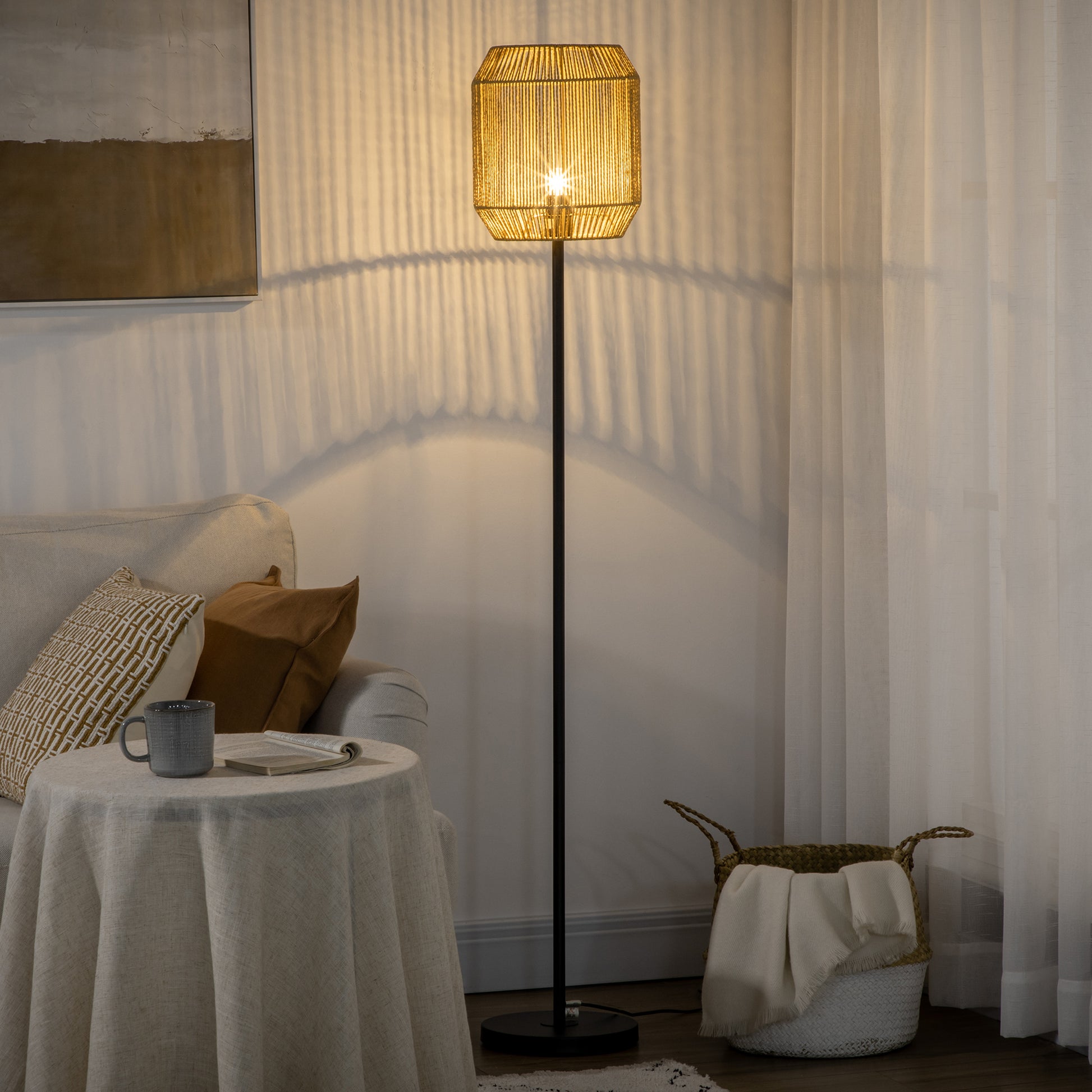 HOMCOM Farmhouse Standing Lamp, Floor Lamps with Hand Woven Rattan Lampshade for Living Room