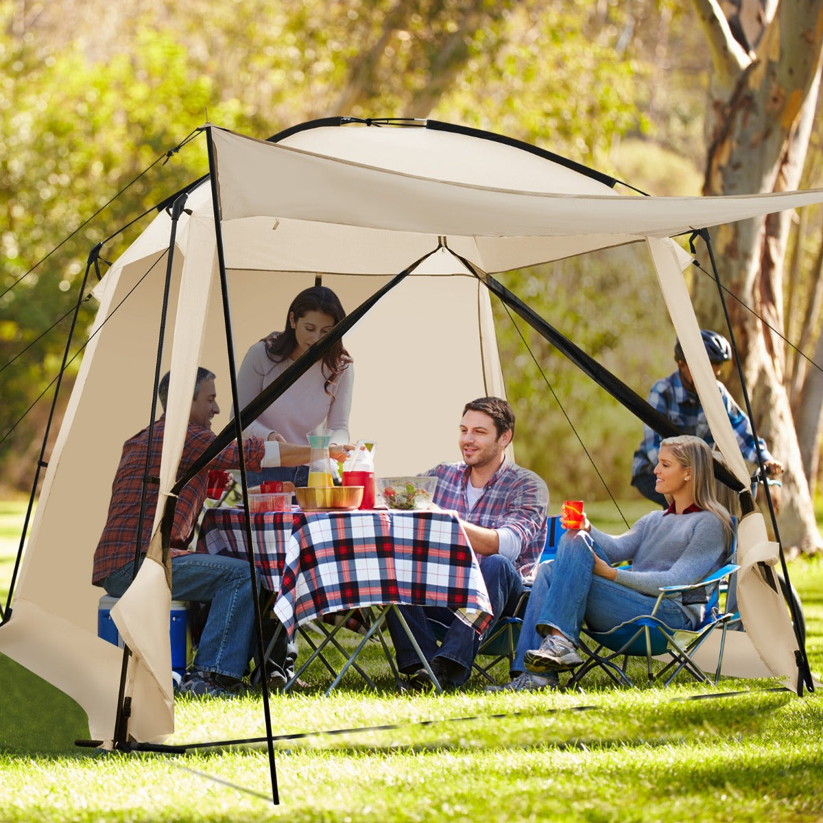 300 x 300 cm Screened Canopy Tent with Vestibule and Zippered Door-Beige