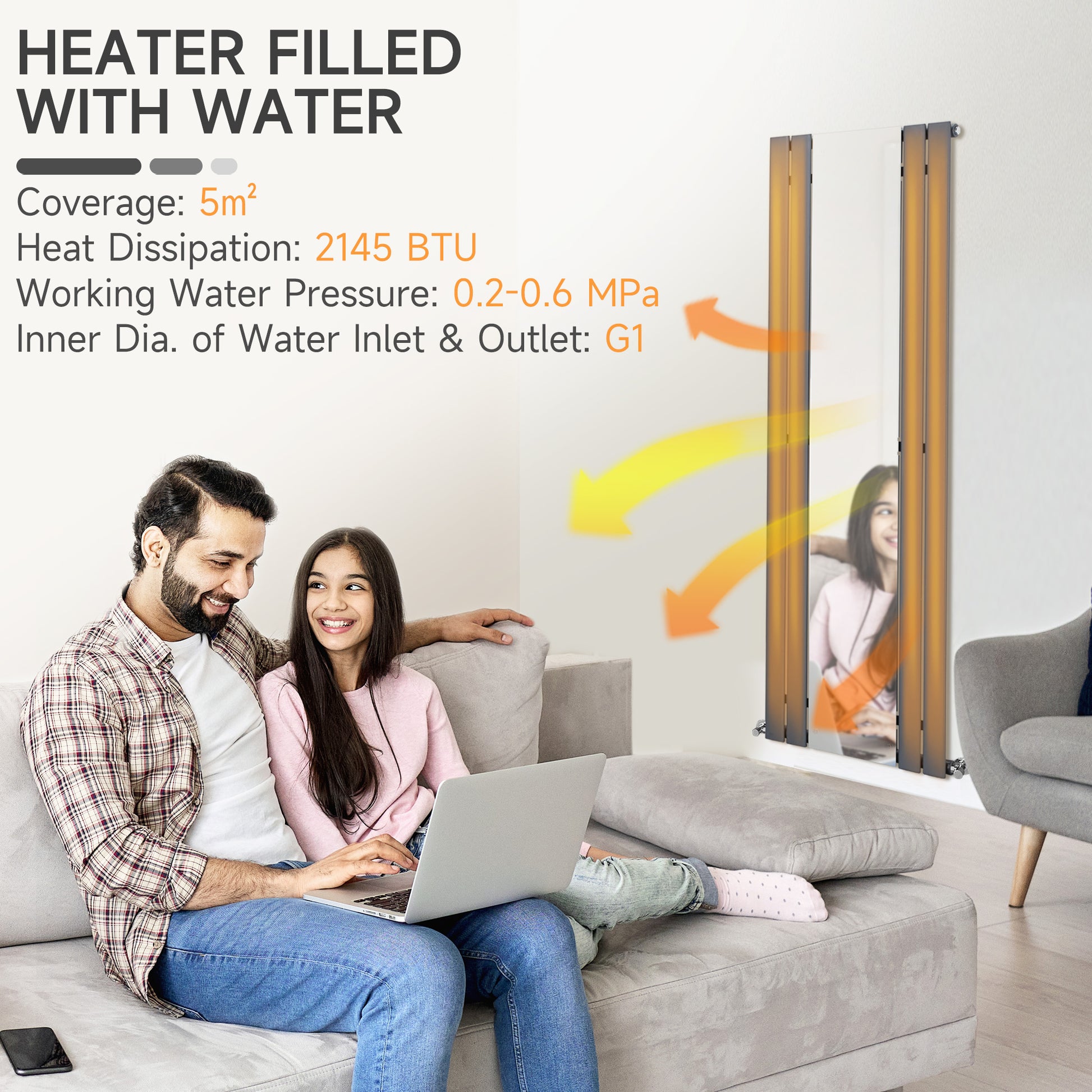 HOMCOM 180 x 60cm Space Heater with Middle Mirror, Water-filled Heater for Home, Single-layer Horizontal Designer Radiators Quick Warm up Living room