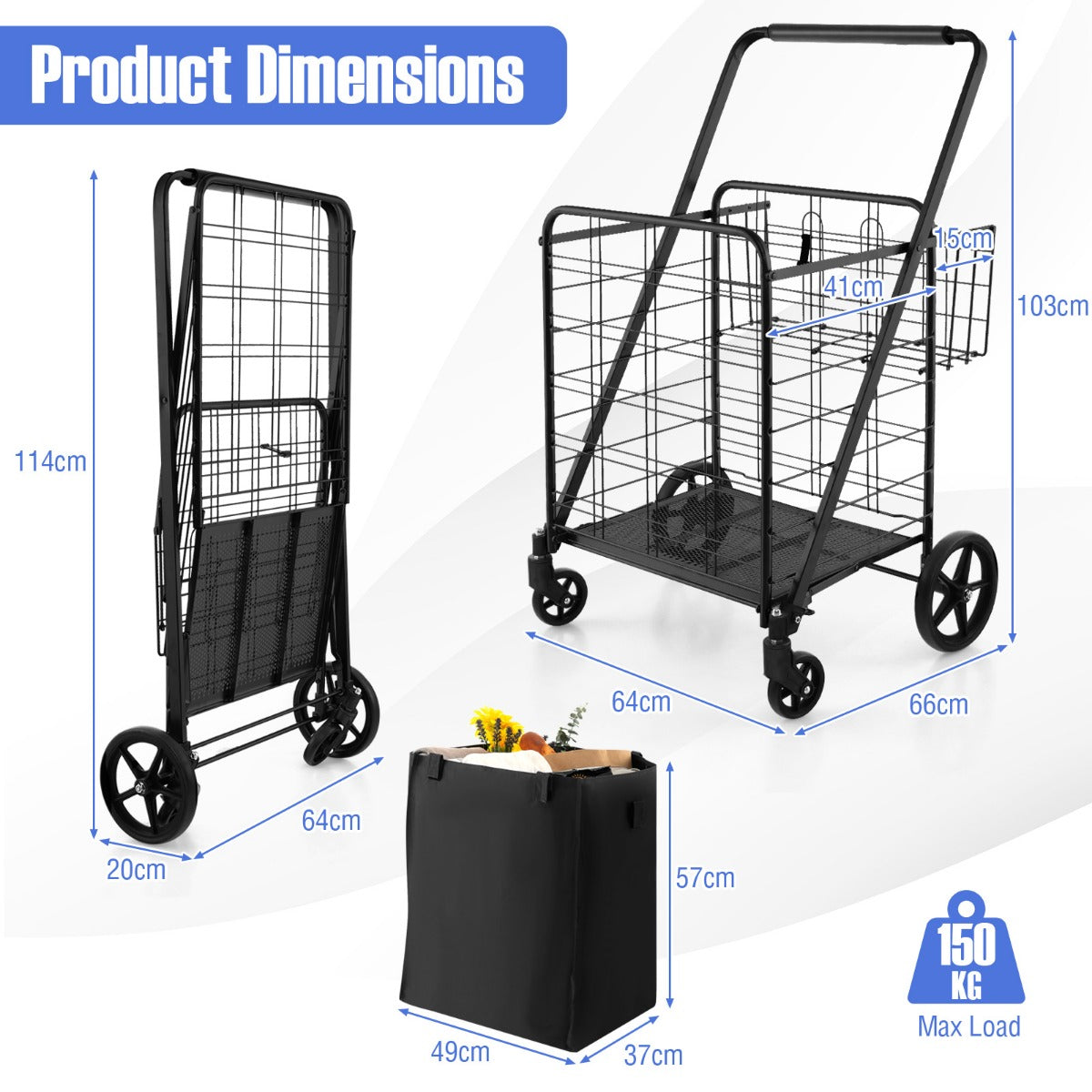 Folding Shopping Cart with Waterproof Liner-Black