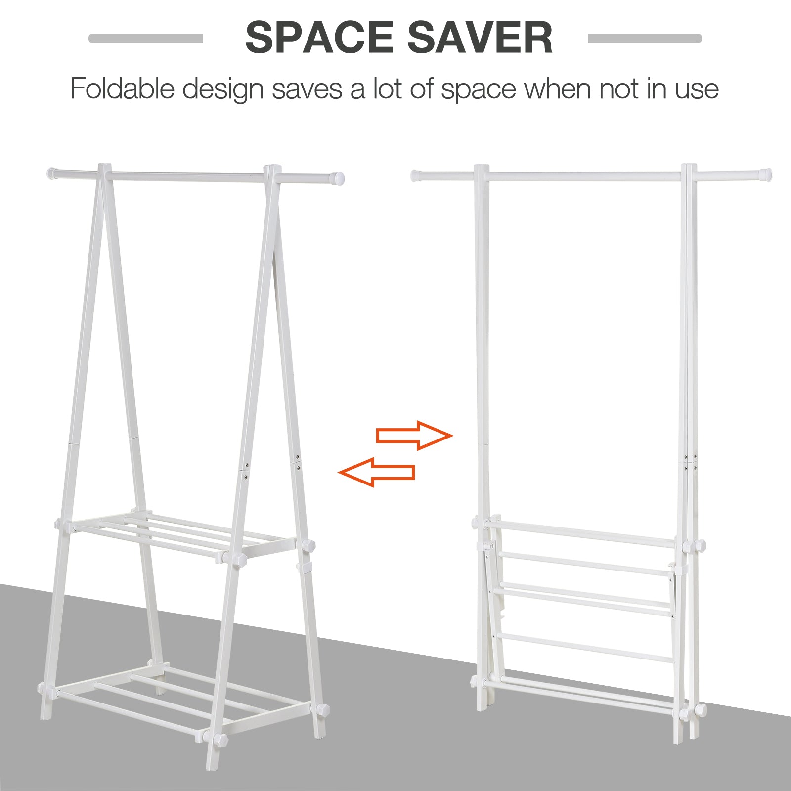 HOMCOM Minimalist Foldable Adjustable Clothes Rack Hanger w/ 2 shelves 107.5L x 45W x 150H cm Hallway Entryway Furniture - White