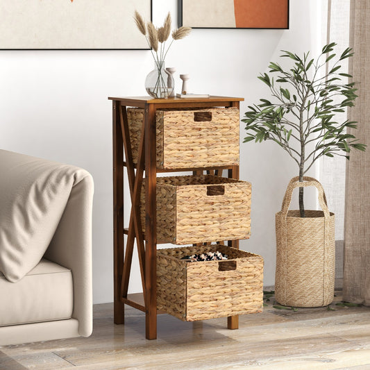 Sofa Side Table with Seagrass Baskets and Rubber Wood X-Shaped Frames and Acacia Wood Legs-Rustic Brown-3-Tier