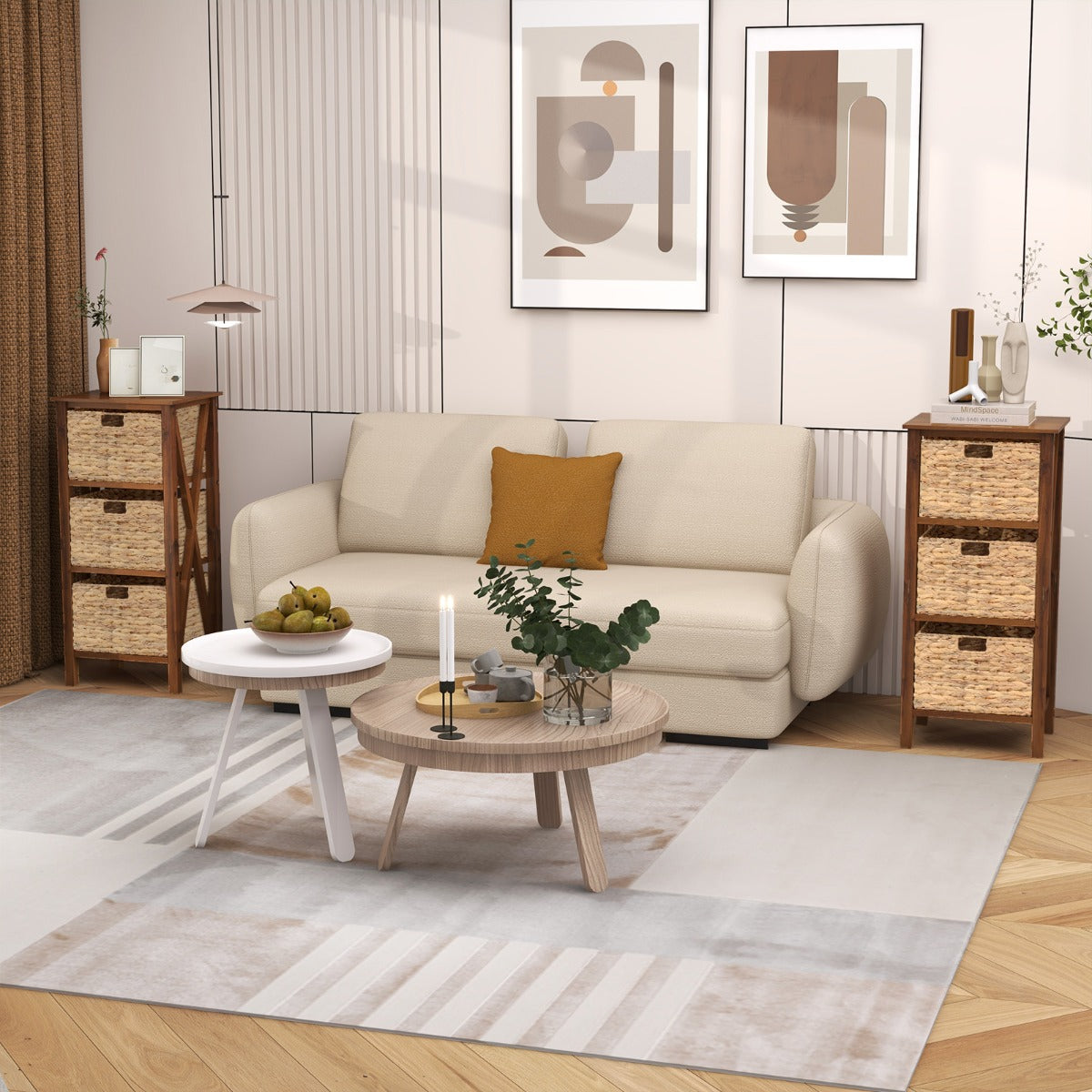 Sofa Side Table with Seagrass Baskets and Rubber Wood X-Shaped Frames and Acacia Wood Legs-Rustic Brown-3-Tier