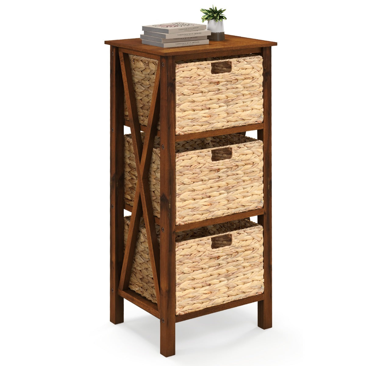 Sofa Side Table with Seagrass Baskets and Rubber Wood X-Shaped Frames and Acacia Wood Legs-Rustic Brown-3-Tier