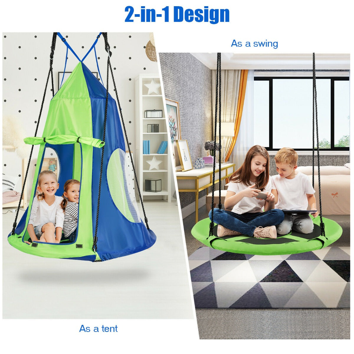 2-in-1 Kids Nest Swing with Detachable Play Tent-Green