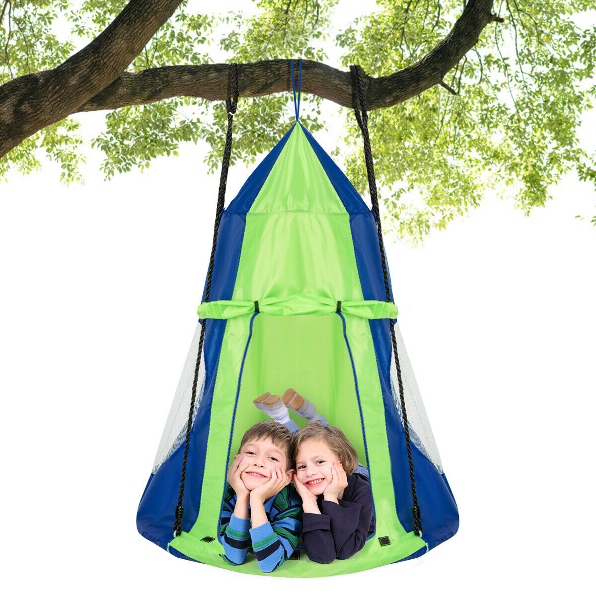 2-in-1 Kids Nest Swing with Detachable Play Tent-Green