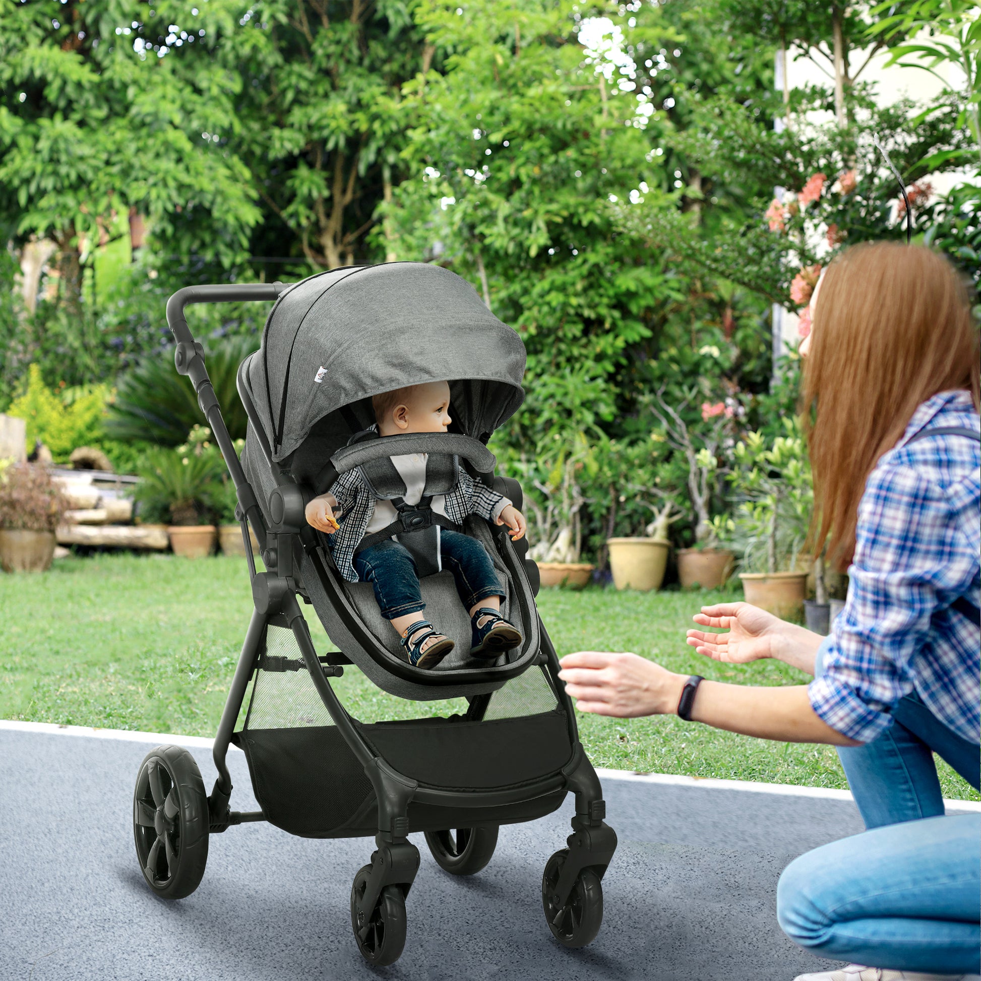 HOMCOM 2 in 1 Lightweight Pushchair w/ Reversible Seat, Foldable Travel Baby Stroller w/ Fully Reclining From Birth to 3 Years, 5-point Harness Grey