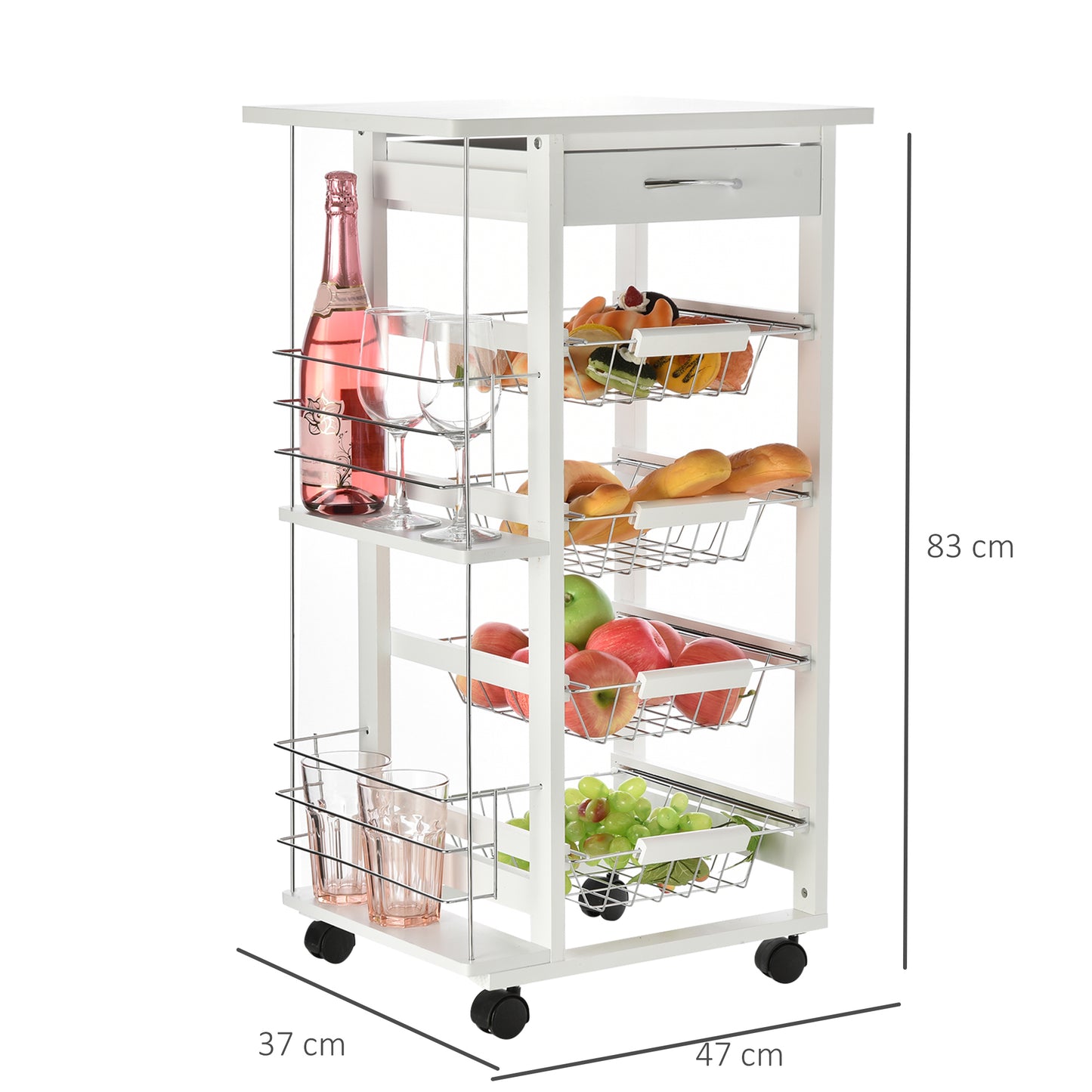 HOMCOM Multi-Use Kitchen Island Trolley w/ 4 Baskets 2 Side Racks Drawer Worktop 4 Wheels Worktop Food Storage Smooth Rolling Compact Furniture White