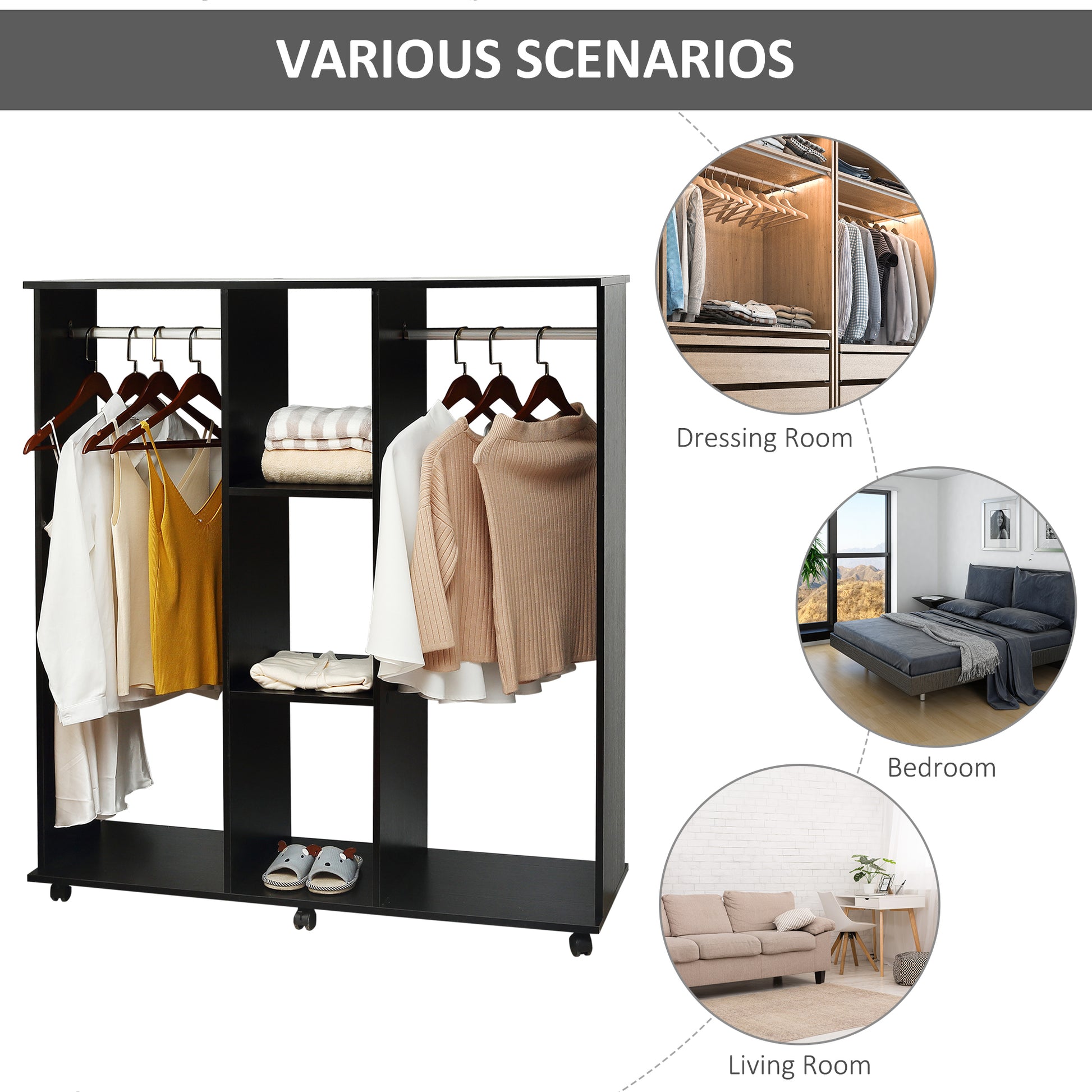 HOMCOM Double Mobile Open Wardrobe With Clothes Hanging Rails Storage Shelves Organizer Bedroom Furniture - Black