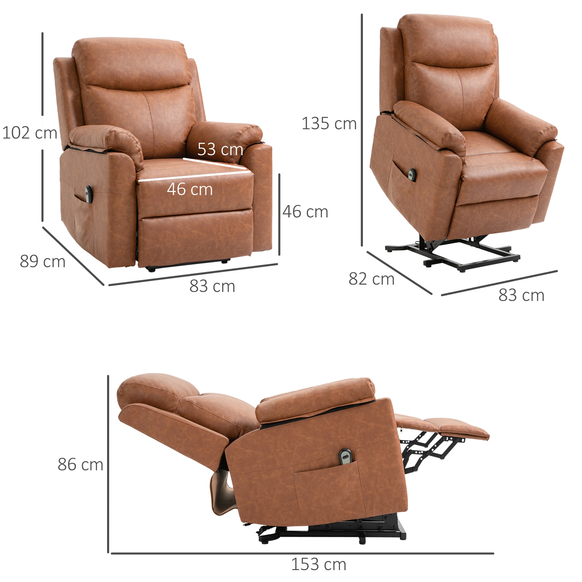 HOMCOM Power Lift Chair Electric Riser Recliner for Elderly, Faux Leather Sofa Lounge Armchair with Remote Control and Side Pocket, Brown