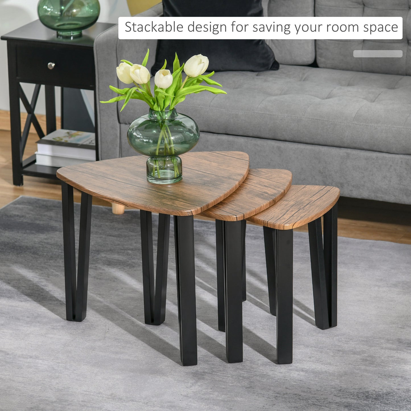 HOMCOM 3 PCs MDF Steel Nesting Table Coffee Table Set Multifunctional End Side Table Living Room Furniture Walnut Wood Grain